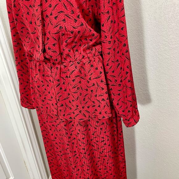 Vintage 1980s Red & Black Handmade Chiffon Blouson Secretary Dress Size 8 Medium - Picture 8 of 11